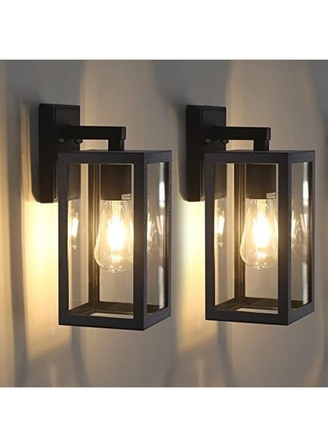 المفتاحة مصابيح جدارية خارجية، فانوس جداري أسود، مصباح شرفة، فوانيس جدارية خارجية من الألومنيوم مع غطاء زجاجي شفاف، مصباح جداري خارجي مقاوم للصدأ، أسود مطفي، عبوتان - Image 1